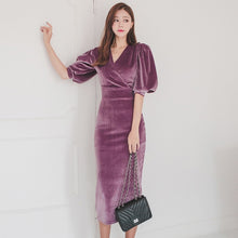 Load image into Gallery viewer, Elegant Puff Sleeve Velvet Women Dress 2019 V-neck Slim Waist Evening Special Occasion Mid-length Dresses Female Pencil Vestidos